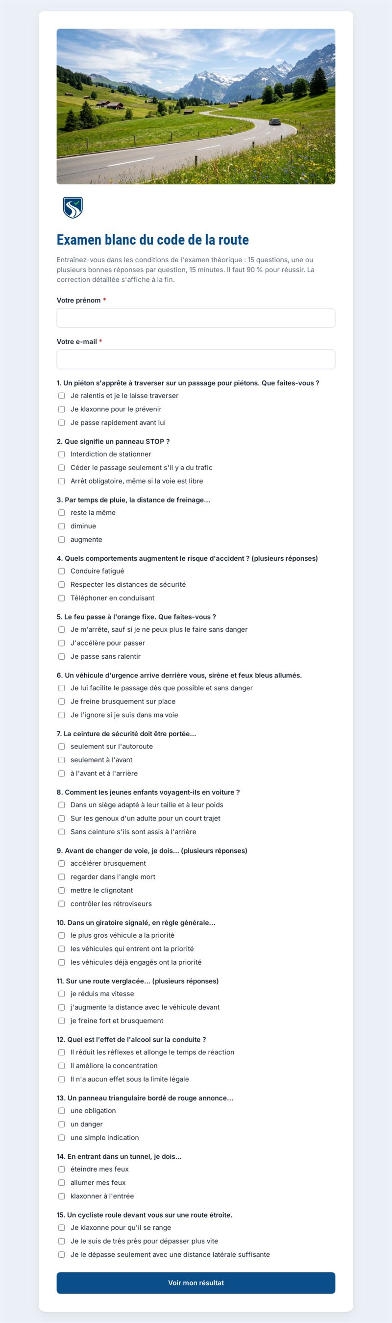Examen blanc du code de la route