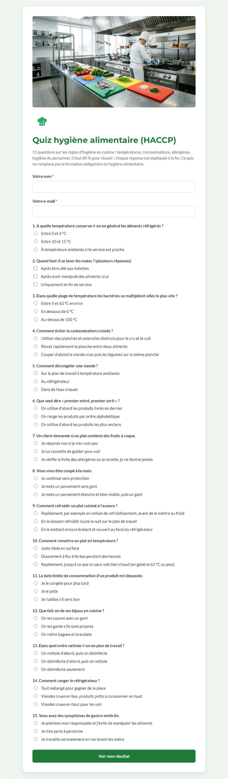 Quiz hygiène alimentaire (HACCP)