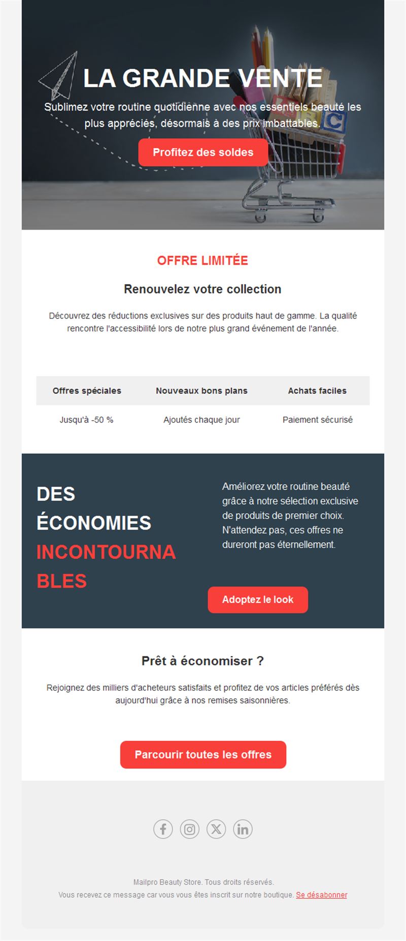 Email de grandes soldes avec caddie