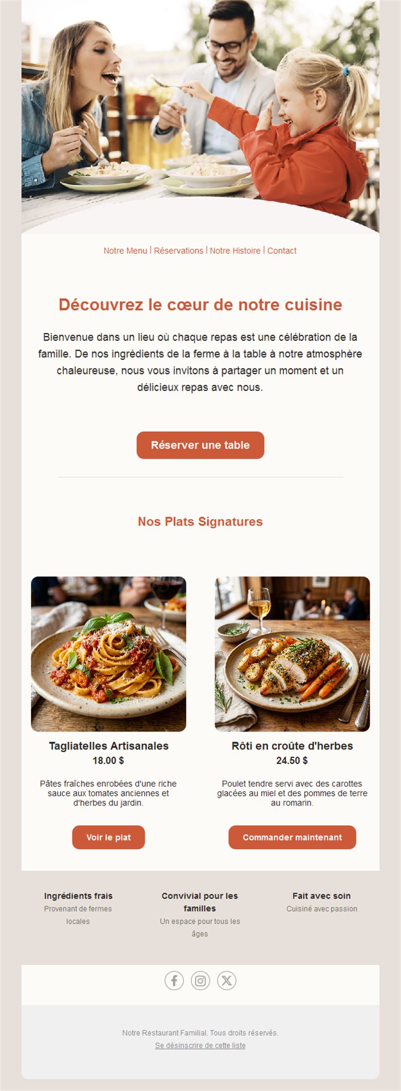 Email de restaurant familial